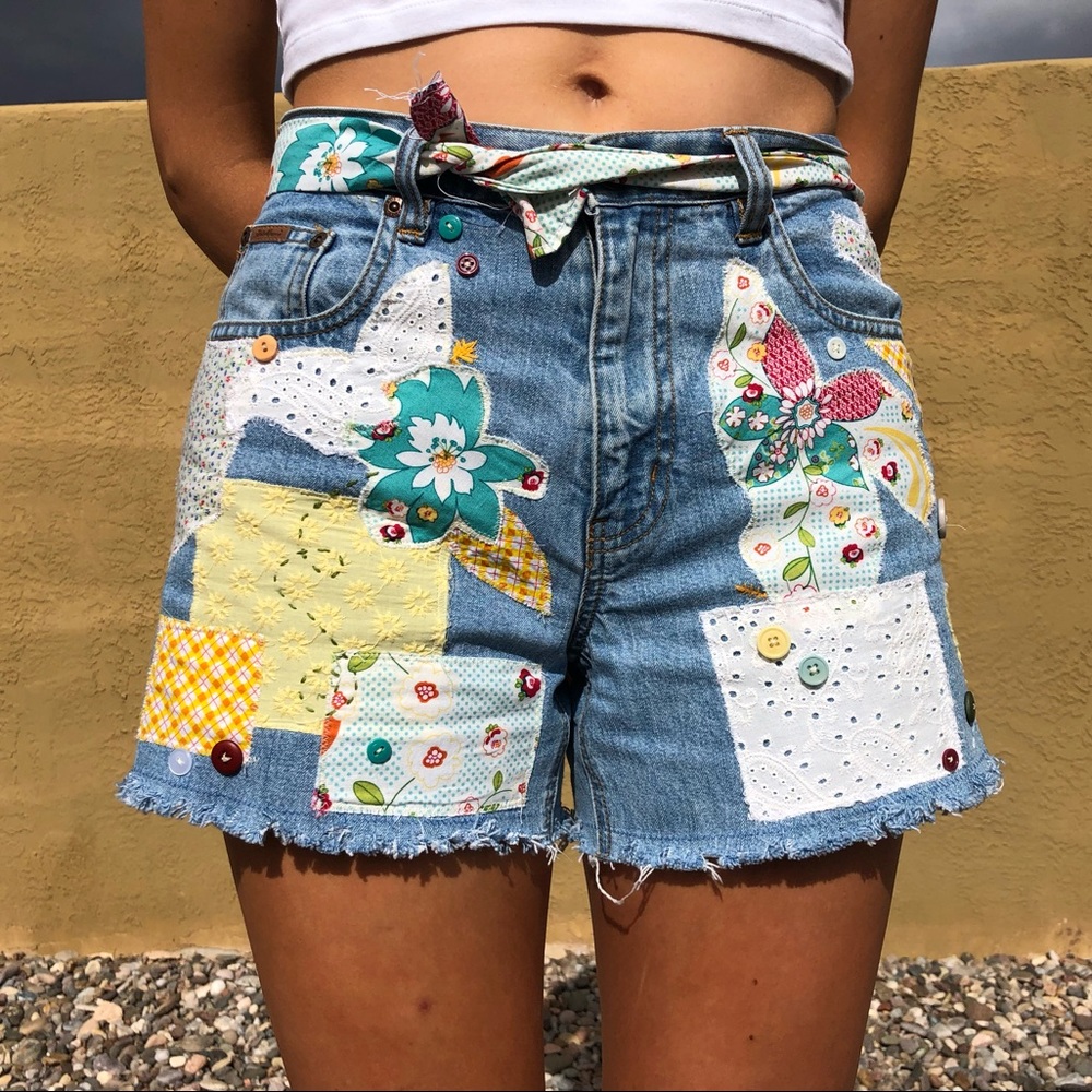 🌻Patched Denim High Waisted Jean Shorts size 6